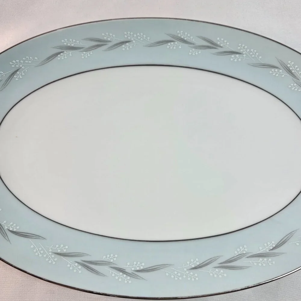 Noritake Sheldon Serving Platter 12 Inch White with Aqua Band and White Flowers